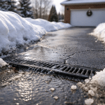 Snow melting on a residential asphalt driveway in winter, with water draining into a trench drain between snowbanks, highlighting proper drainage and winter driveway maintenance.