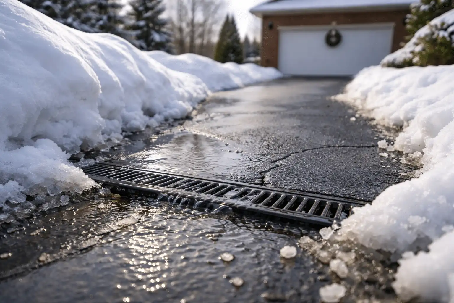 Snow melting on a residential asphalt driveway in winter, with water draining into a trench drain between snowbanks, highlighting proper drainage and winter driveway maintenance.